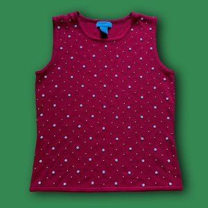 red sleeveless pearl beaded sweater top